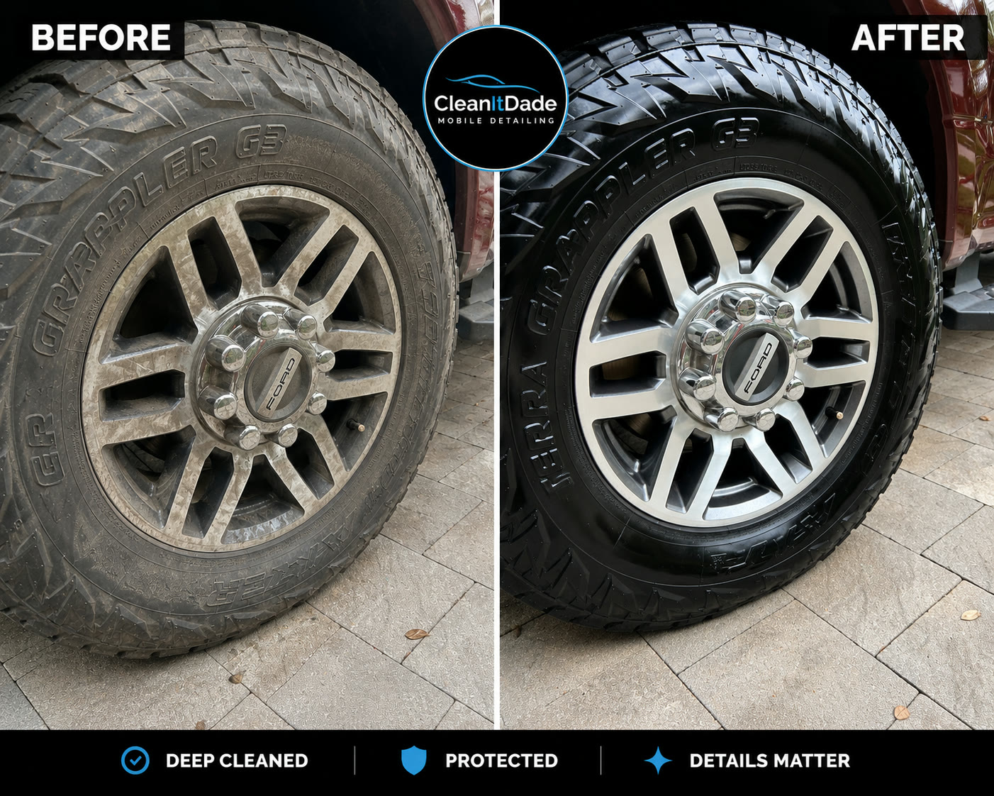 Wheel and tire detail before and after — CleanIt Dade